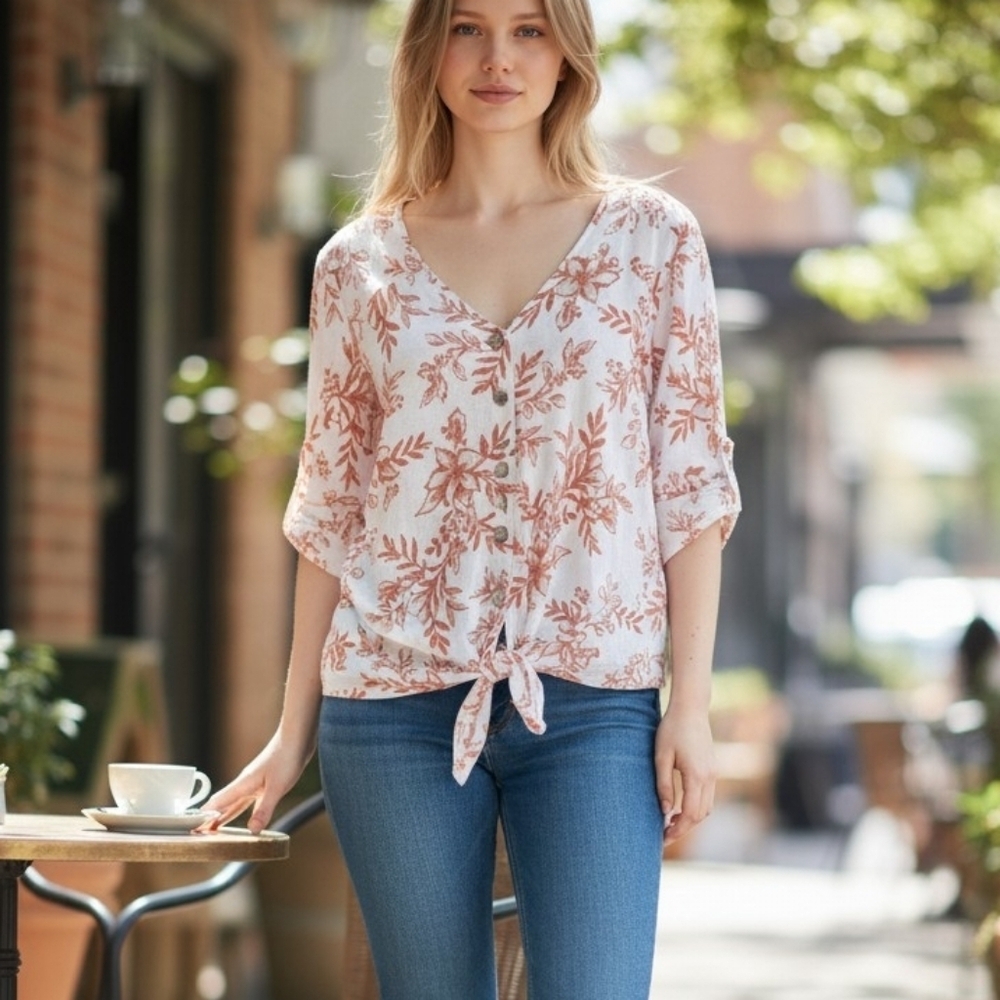 Women's I.N. Studio Blouse L White Rust Floral Button Front